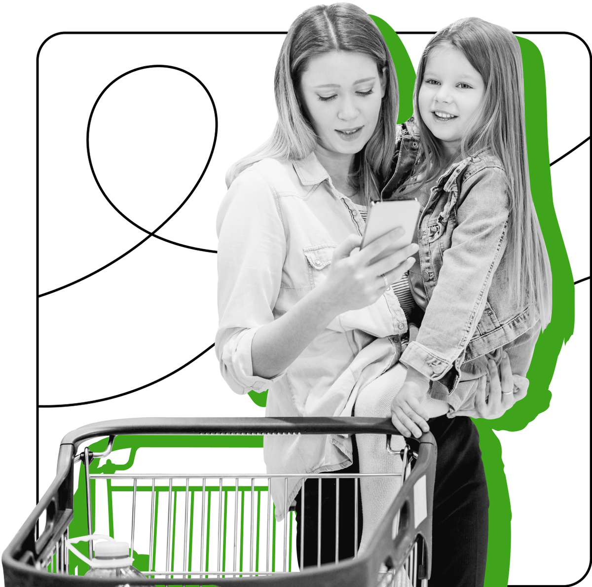 Mother and daughter pushing a shopping card and at the grocery store. 