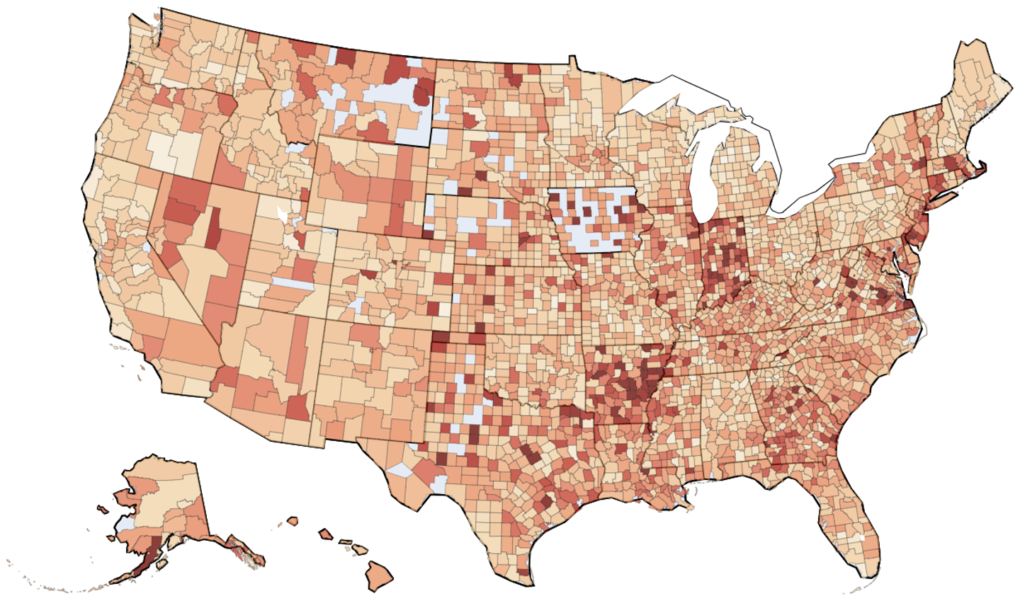 Choropleth map of the United States showing the fraction of transactions marked as unrecognized in each county, August 1 to September 8, 2026.