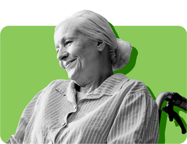 A woman on Medicaid and Medicare sits in a wheelchair against a green background.