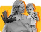Mom with child and bag of groceries