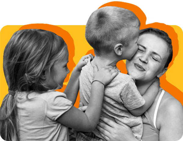 A woman and her children who benefit from the WIC program seen against a yellow background.