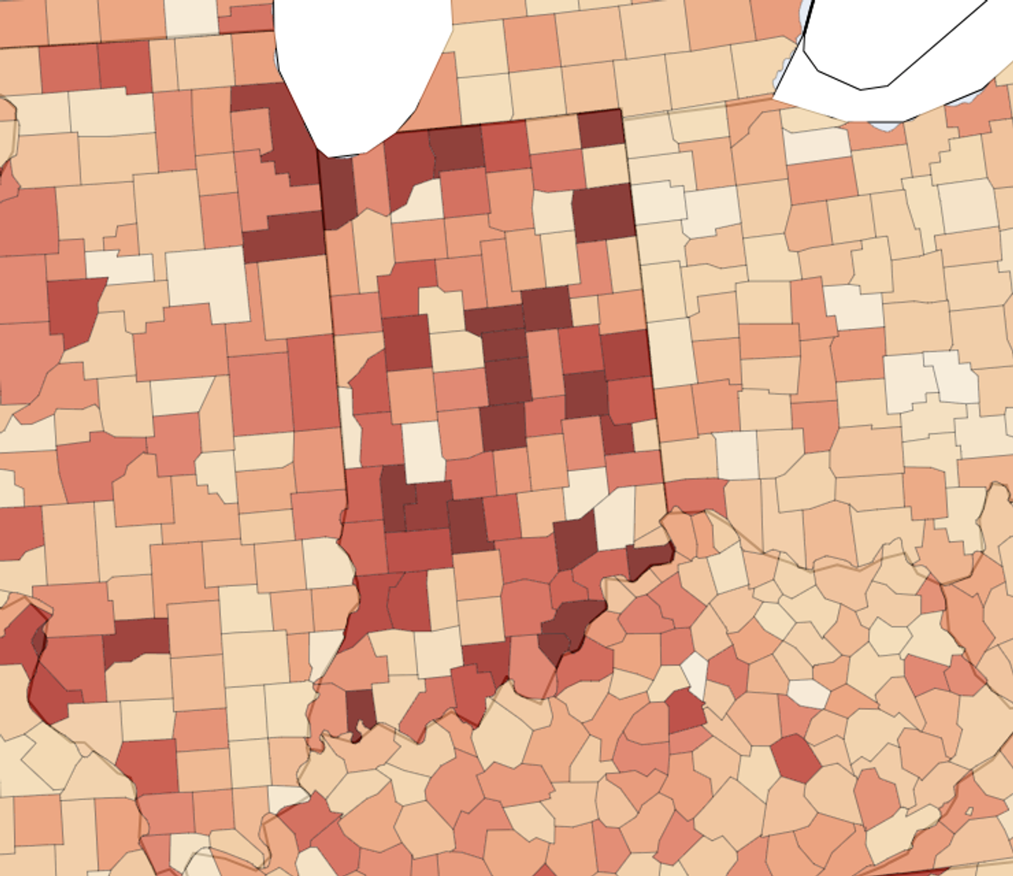 Choropleth map of Indiana and its neighboring states showing the unrecognized transaction rate in each county, August 1 to September 8, 2026.