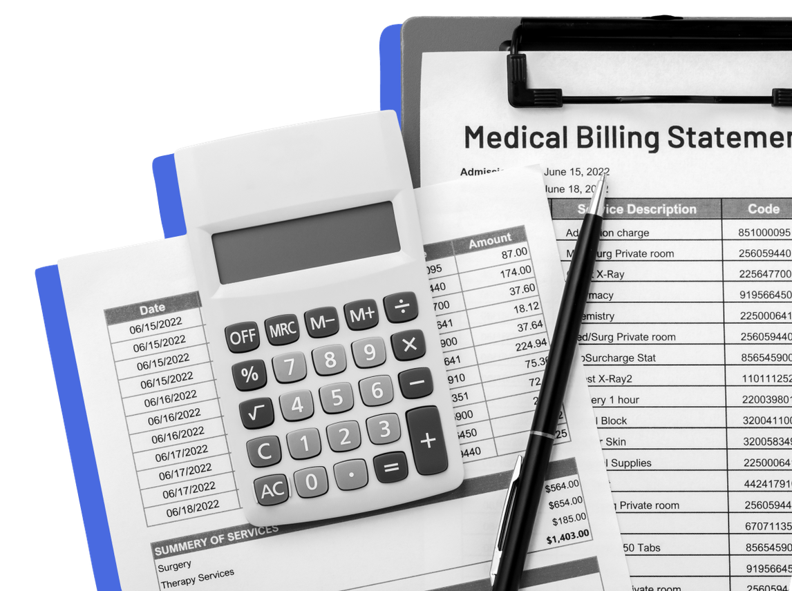 A calculator, a medical bill, and various medical related documents against a blue background.
