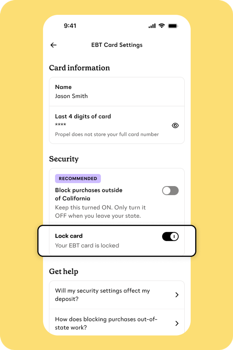 The Propel app with the EBT security feature for card locking turned on