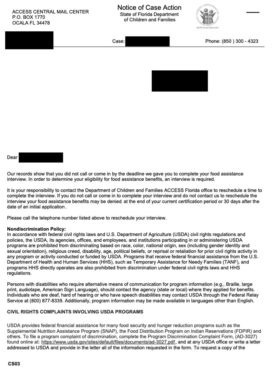 A SNAP notice of case action about missing an interview