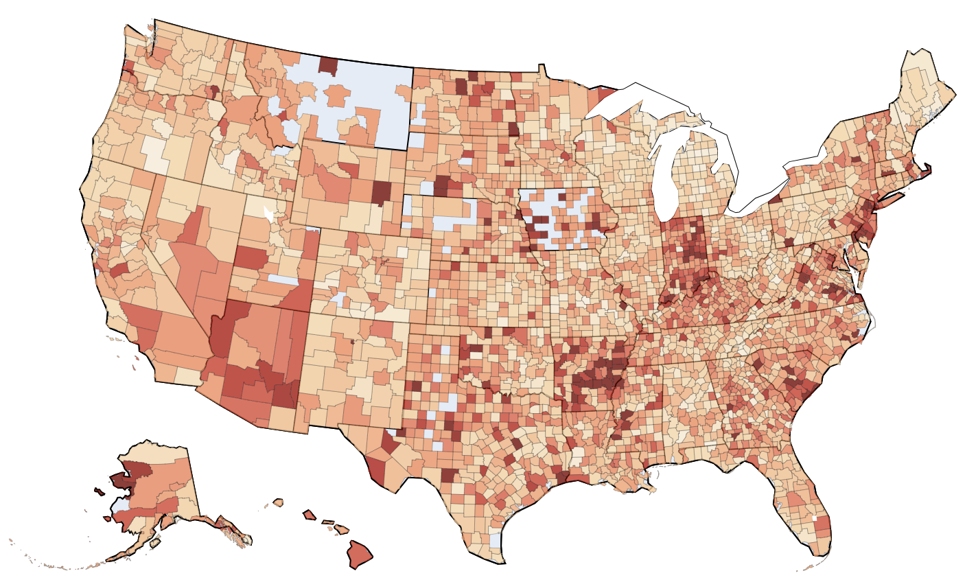 Choropleth map showing fraction of EBT transactions marked as unrecognized by county across the US, May 1–June 7, 2026