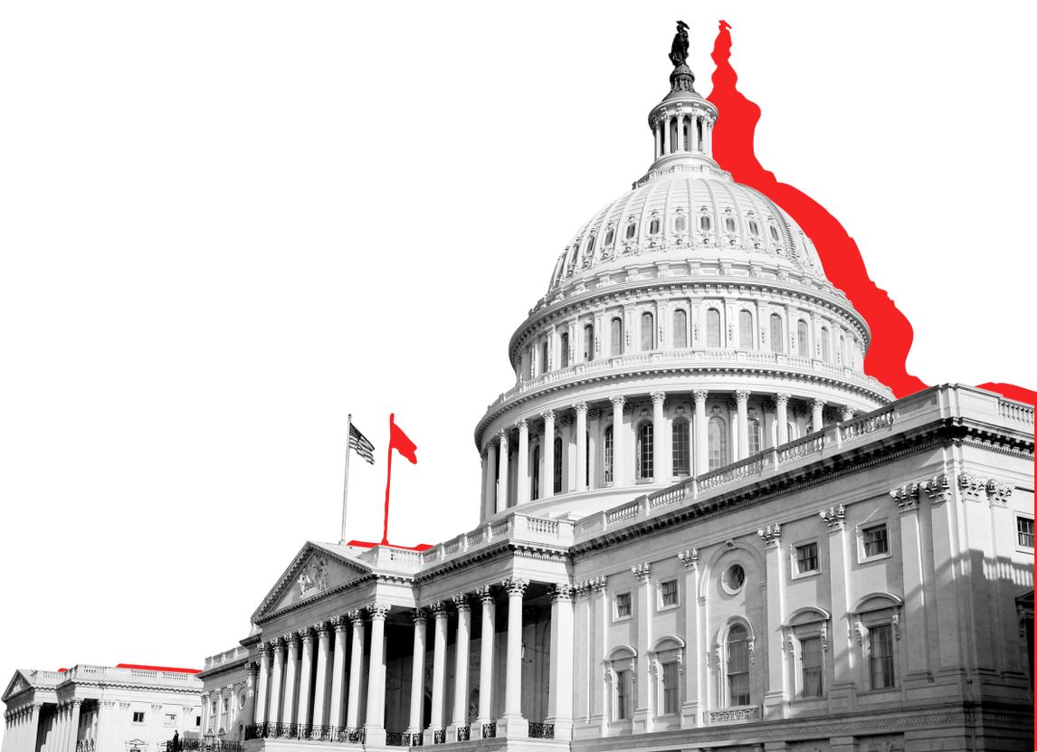 An image of the U.S. Capitol building against a red background. On July 3 Republican lawmakers passed legislation that will cut SNAP and Medicaid.