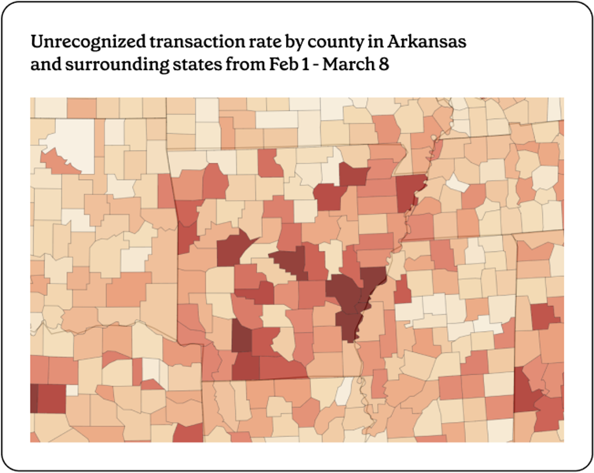 Arkansas unrecognized transaction rate by county