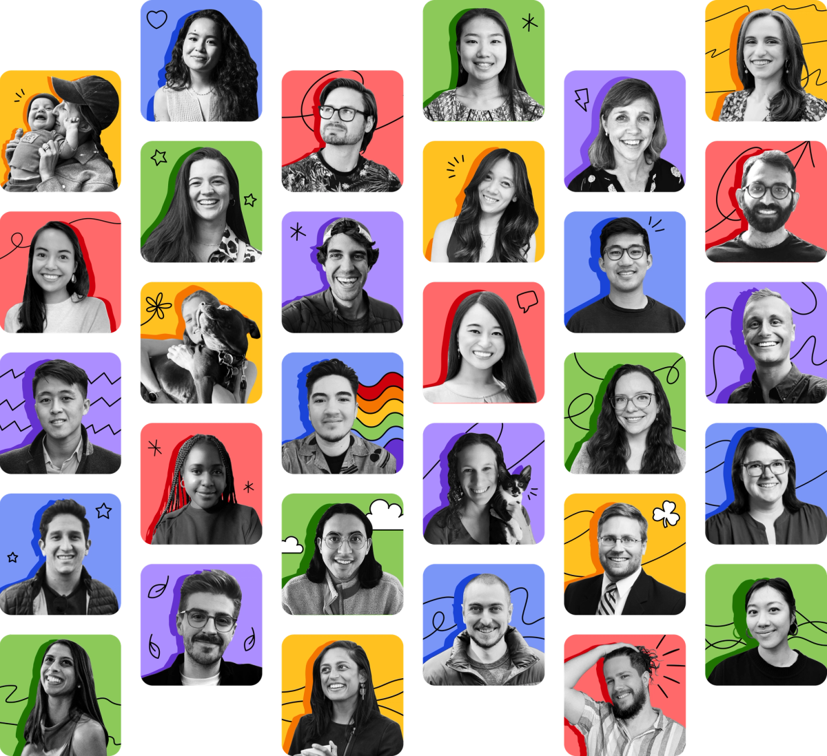 Profile photos of many of the diverse Propel employees on colorful backgrounds smiling. 