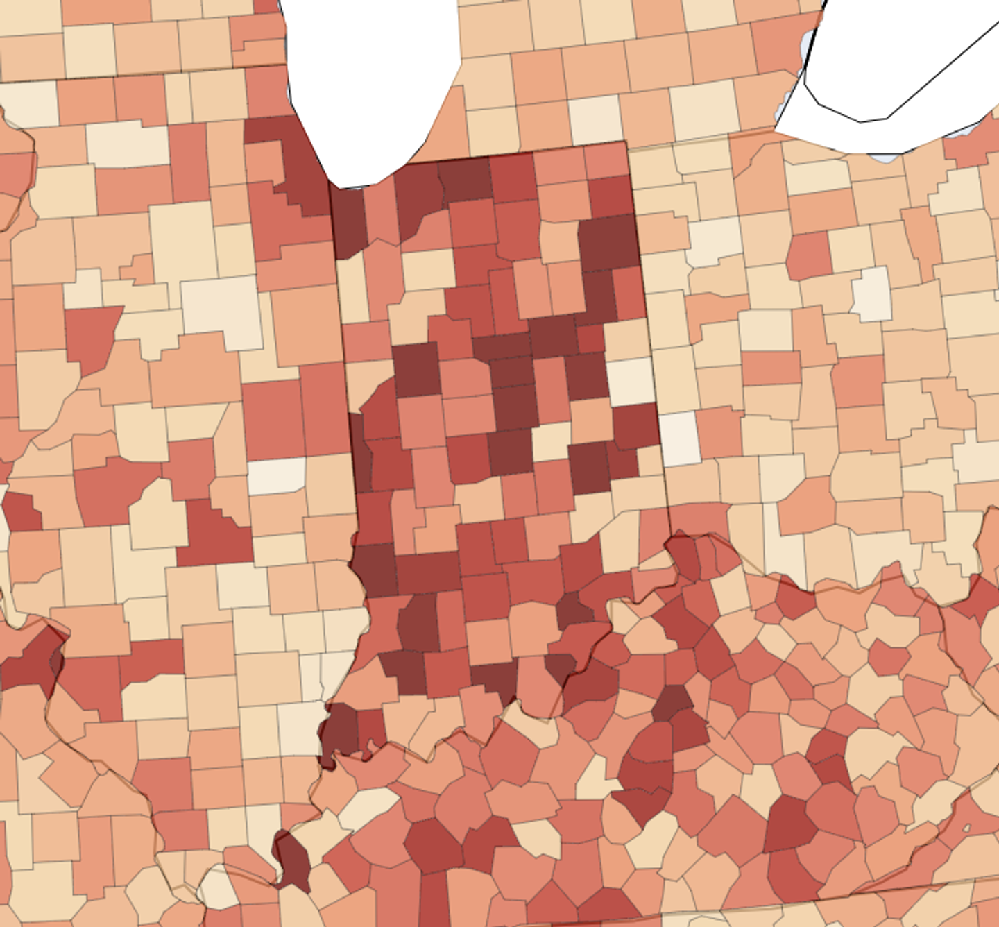 Choropleth map of Indiana and its neighboring states showing the unrecognized transaction rate in each county, July 1 to August 8, 2026.