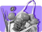 An image of groceries in a bag against a purple background.