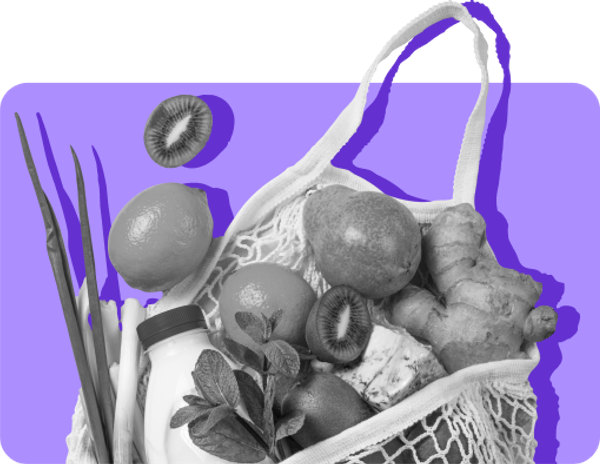 A bag of groceries, including fruits and vegetables, against a purple background