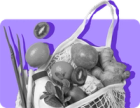 A bag of groceries, including fruits and vegetables, against a purple background