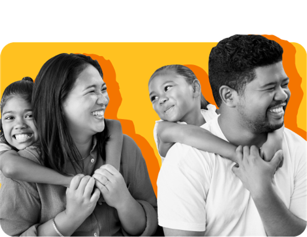 family laughing with mom, dad, and two daughters