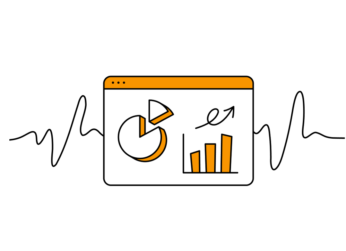 A cartoon illustration of survey results in pie graph and bar graph form. 