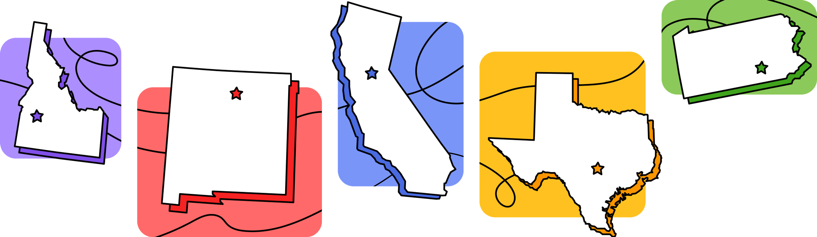 Illustration of a few states in bright colors. 