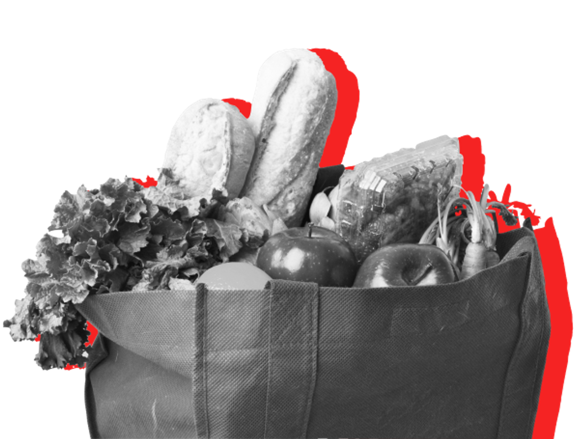Bag with fresh produce including bread, tomato, carrots