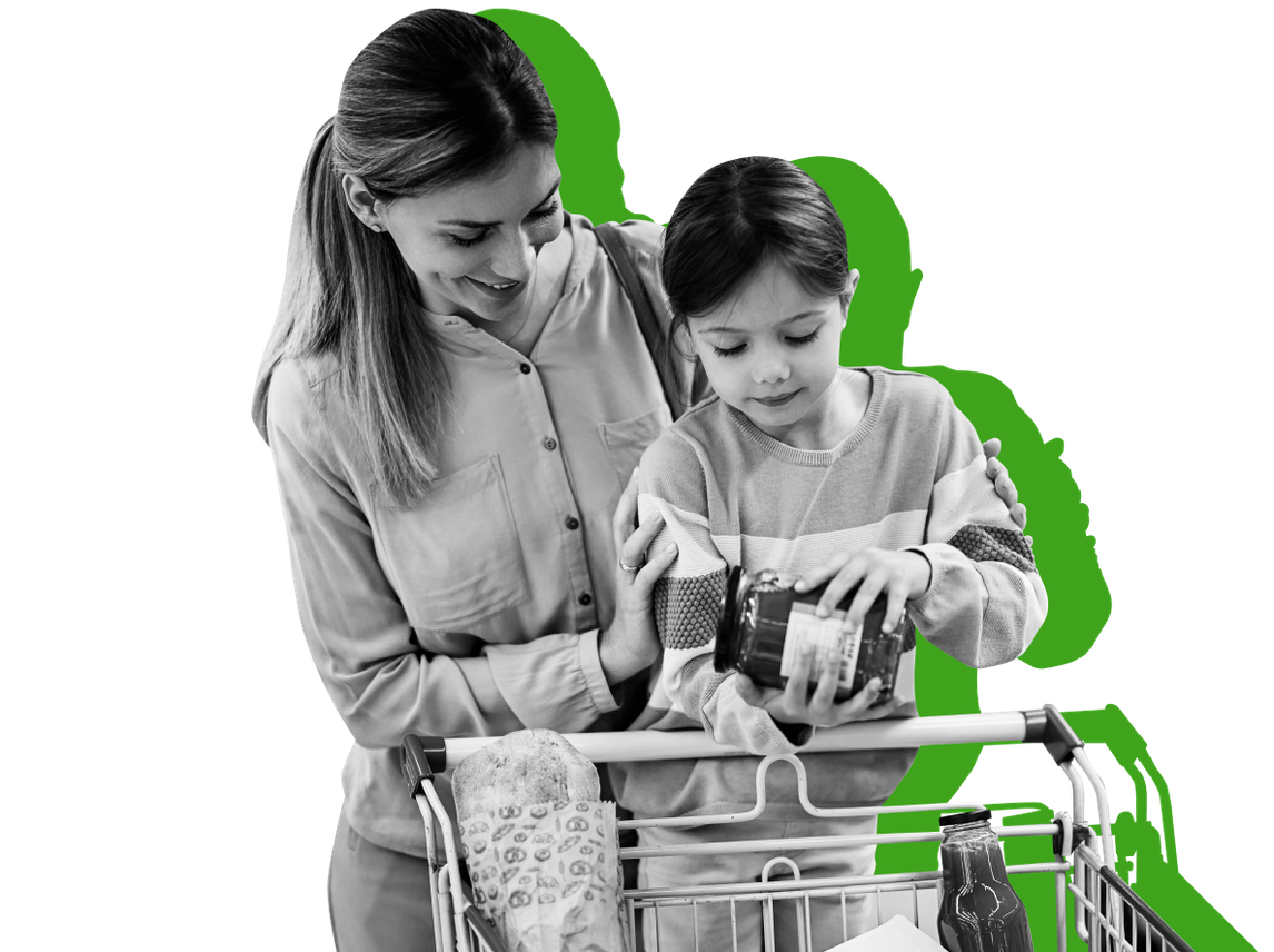 A woman and her daughter grocery shopping