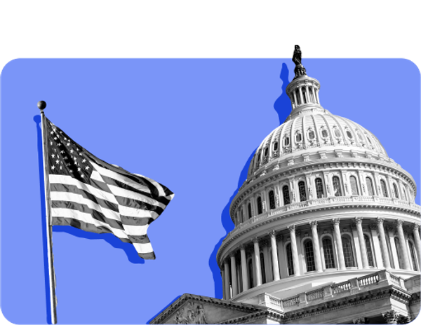 An image of the U.S. Capitol Building against a blue background. The USDA runs SNAP, but it's administered by state SNAP offices.