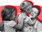 A low-income woman and children cuddle. Back-to-school season can be expensive for low-income families.
