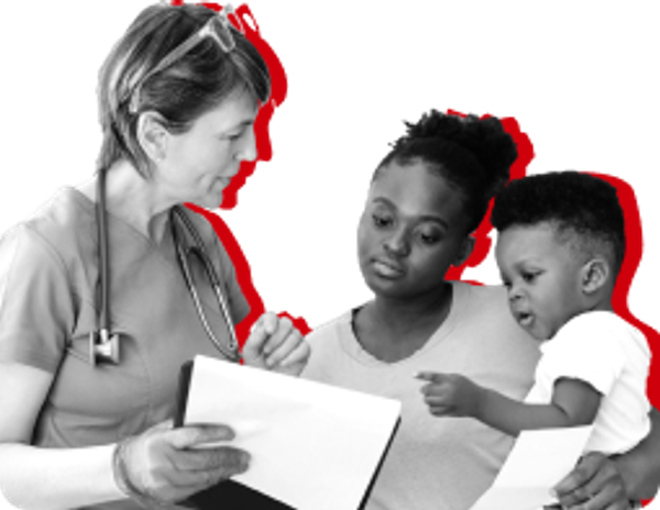 White female healthcare provider talking to Black female parent and son