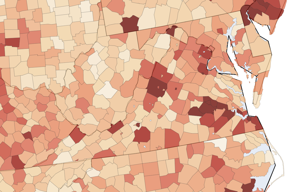 Choropleth map showing unrecognized EBT transaction rate by county in Virginia, May 1–June 7, 2026