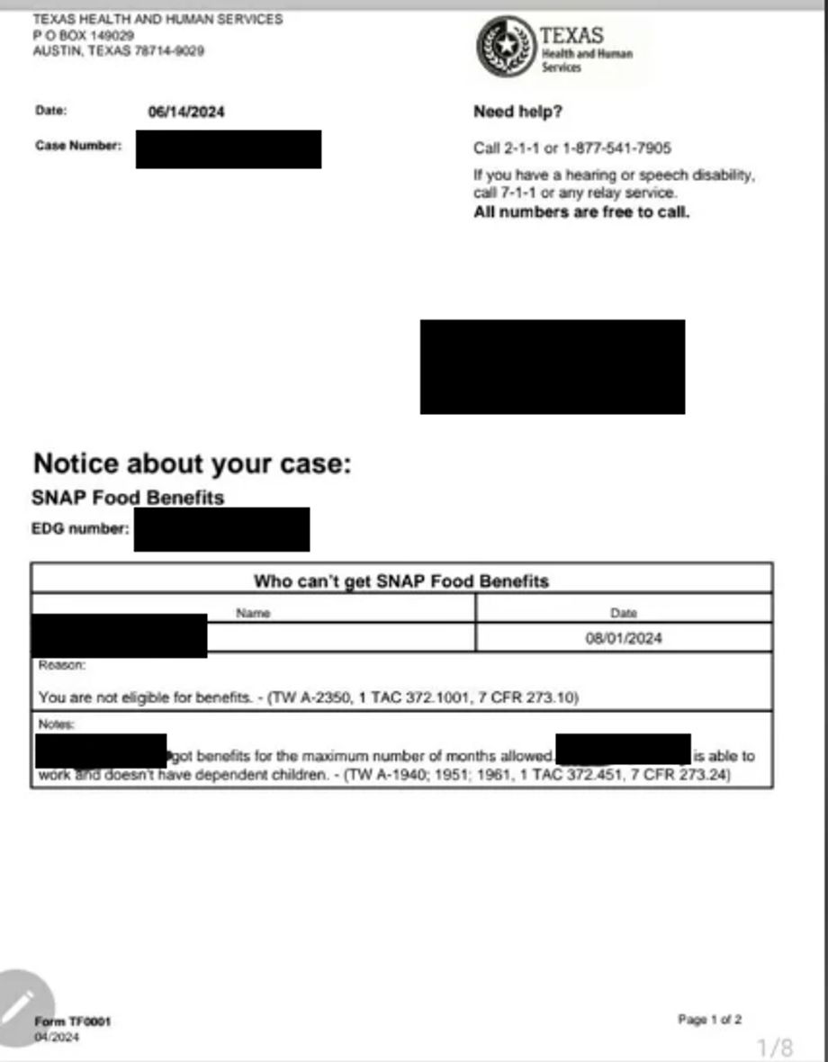 A SNAP notice about a case showing they are not eligible 