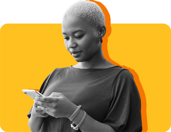 A black woman with short hair looks at her phone following a missed SNAP deposit against a yellow background