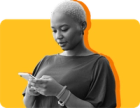 A black woman with short hair looks at her phone following a missed SNAP deposit against a yellow background