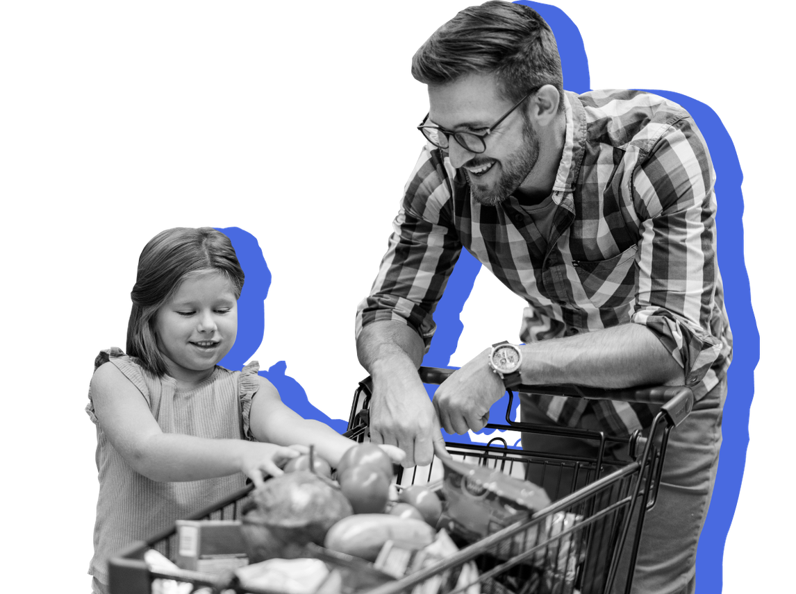 A parent and child shop for food with SNAP benefits. The "Big Beautiful Bill" doesn't restrict what you can buy, but some states are planning bans on junk food.