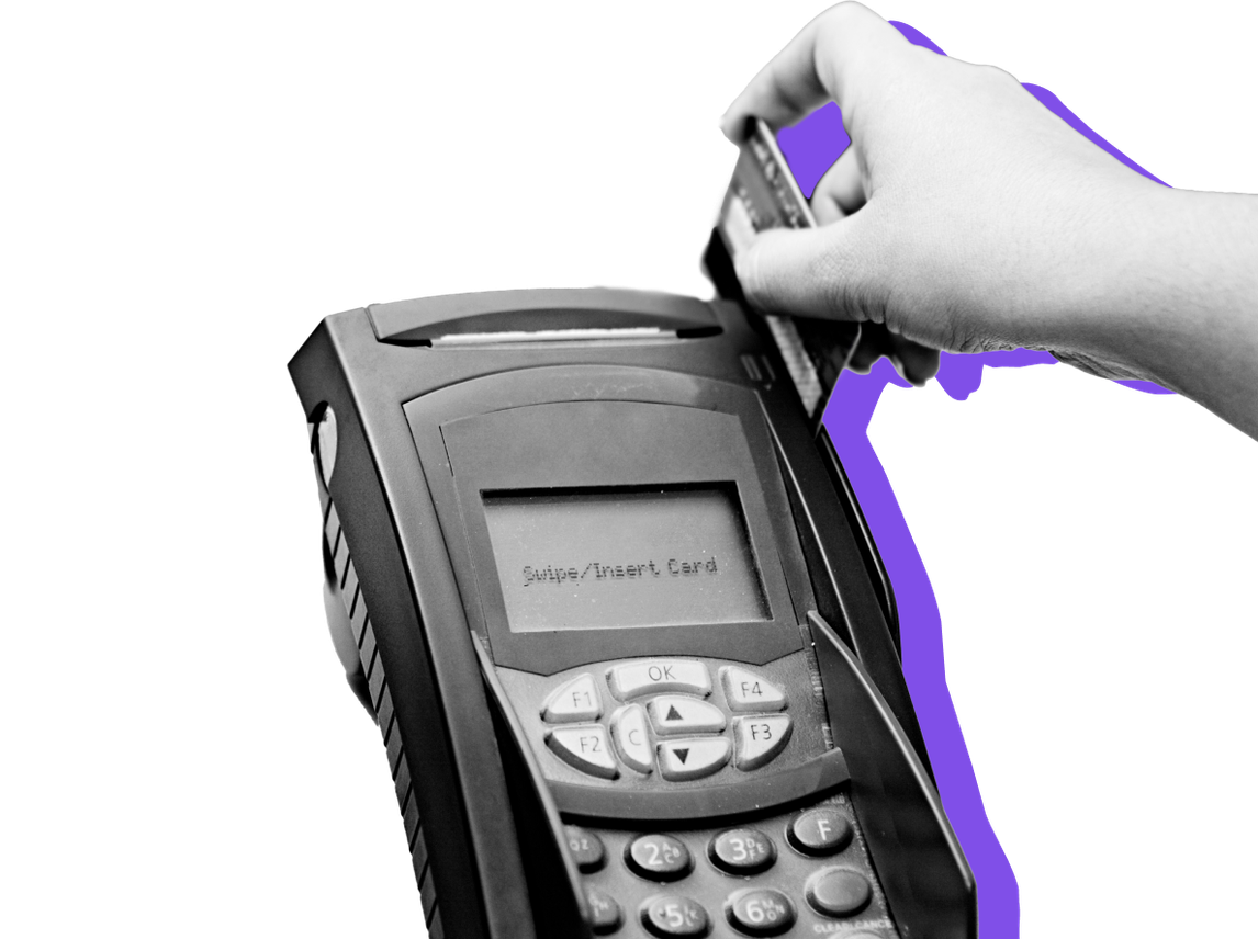 A hand swipes an EBT card on a card reader against a purple background