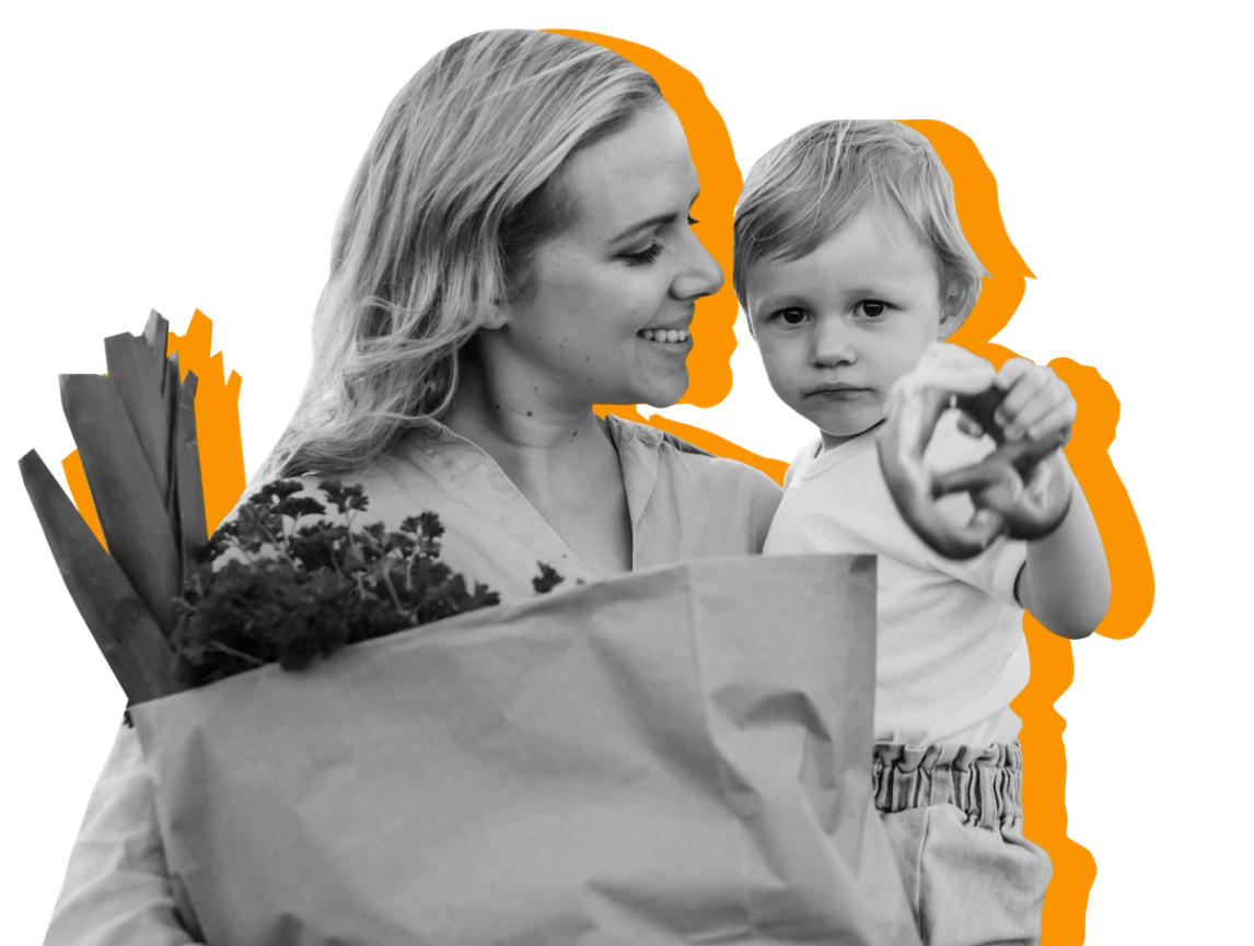 Mom with child and bag of groceries