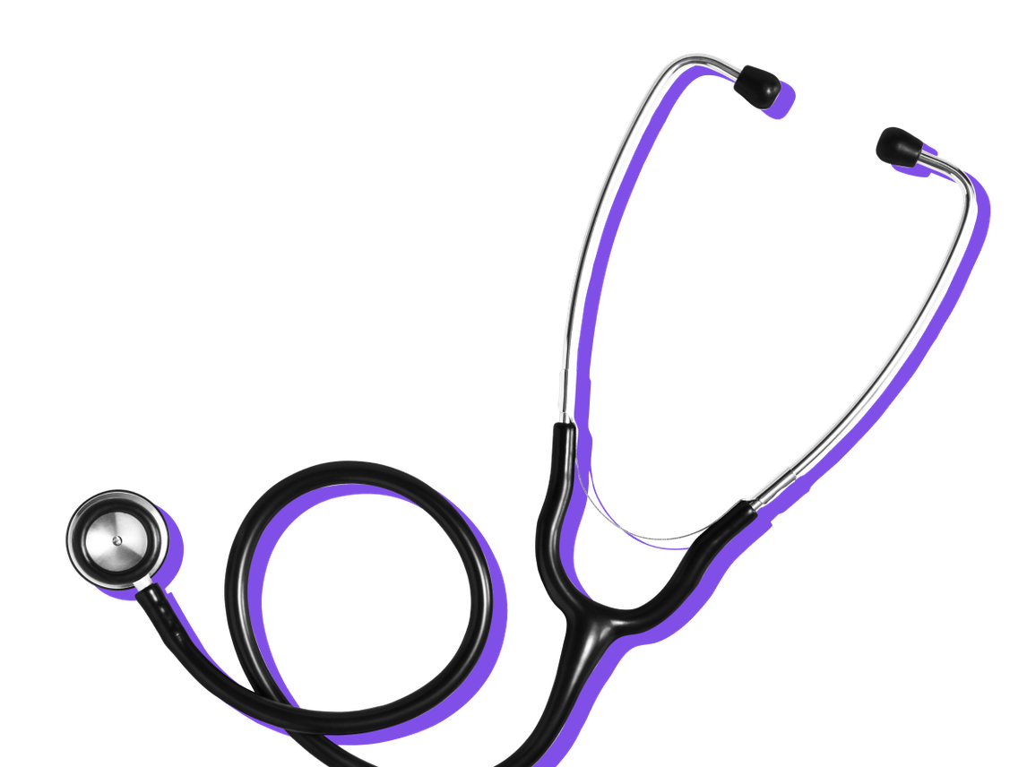 A stethoscope against a purple background. Applying for Medicaid can be done in three general steps.