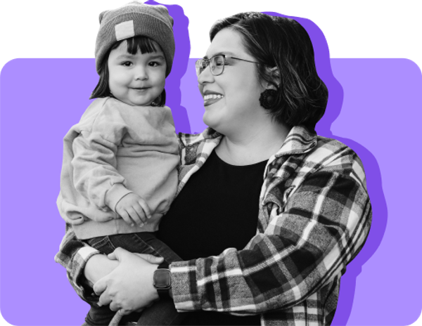 A mother holds her child on her hip against a purple background. Taking care of a child counts as work for Medicaid.
