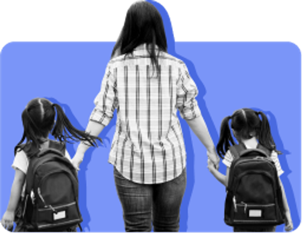 image showing the back of a mother walking with two small girls wearing backpacks