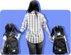 image showing the back of a mother walking with two small girls wearing backpacks
