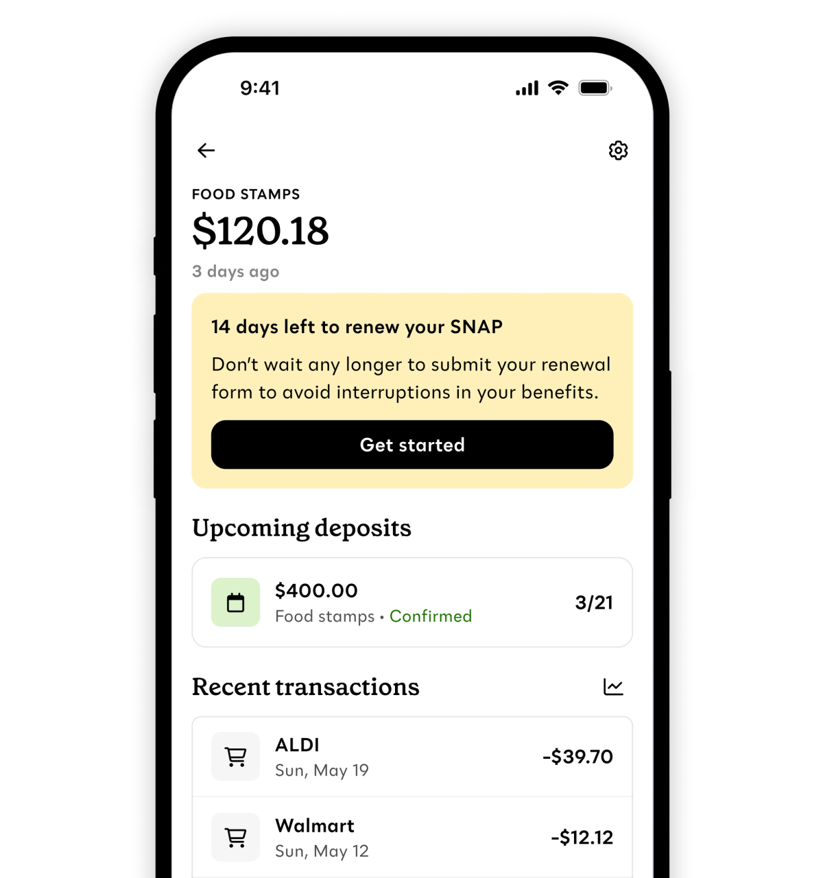 The home screen of the Propel app showing a notice to check about exemptions for new 2027 Medicaid program requirement. Below the notice is a SNAP balance, recent transaction, and an offer for discounted home internet.