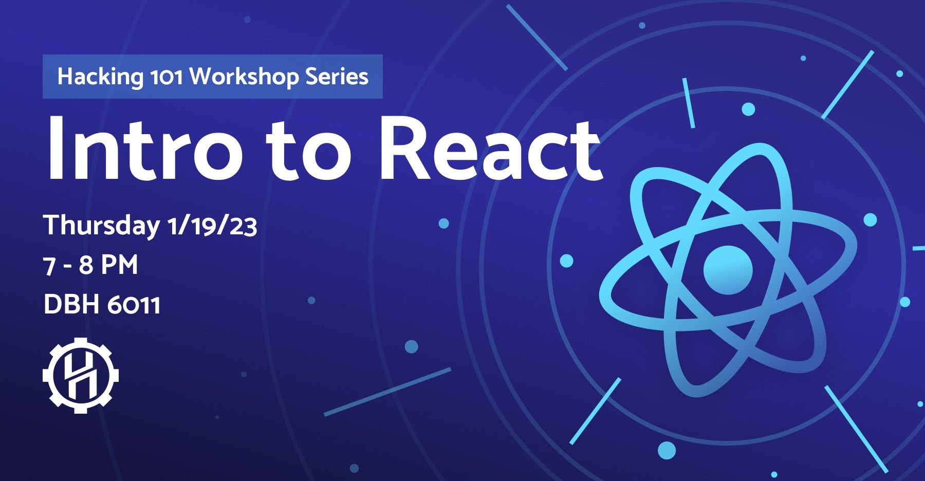 a react logo with particles flying away, overlayed with event details