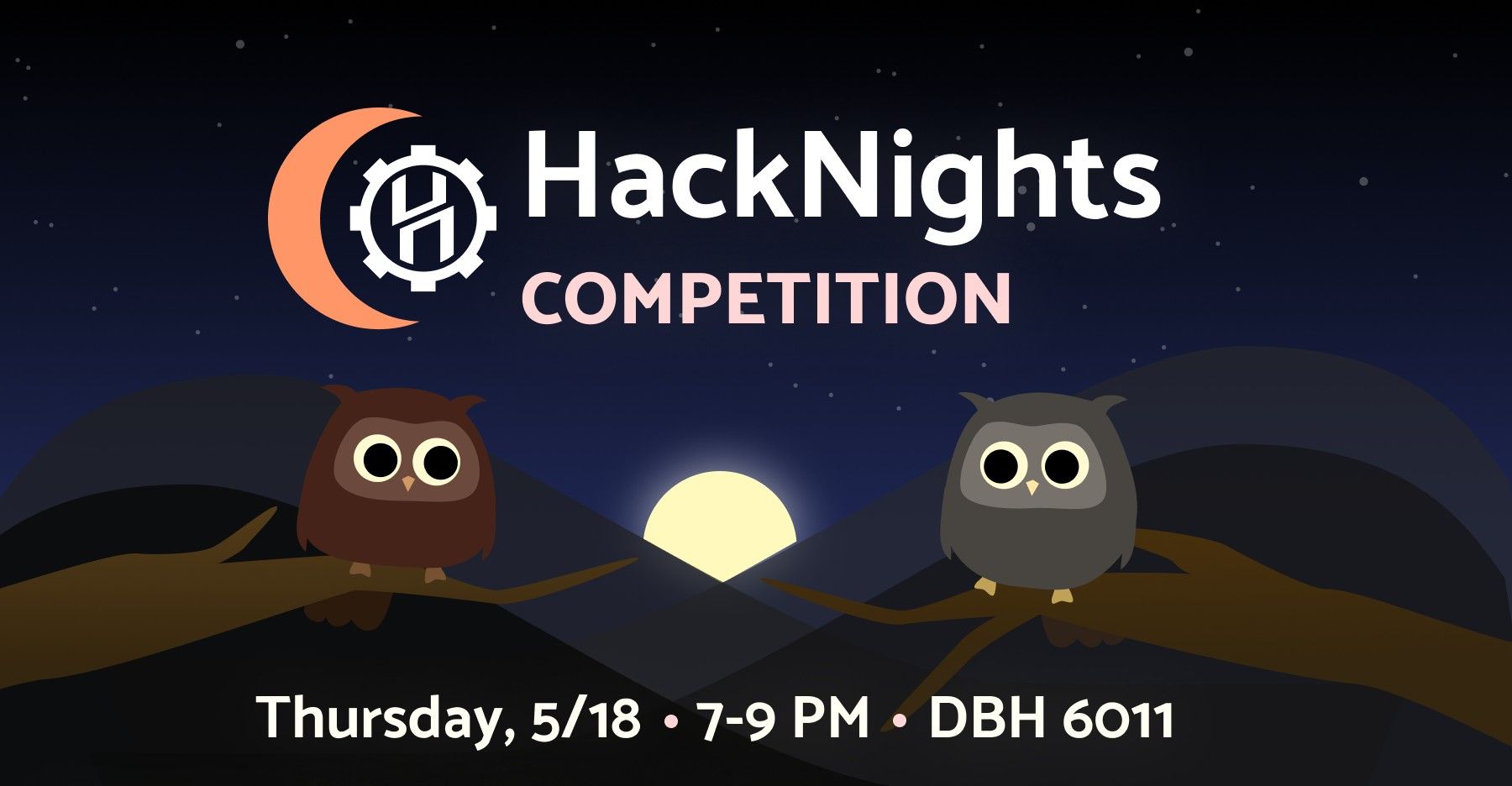 two owls on a branch with the words HackNights Competition above