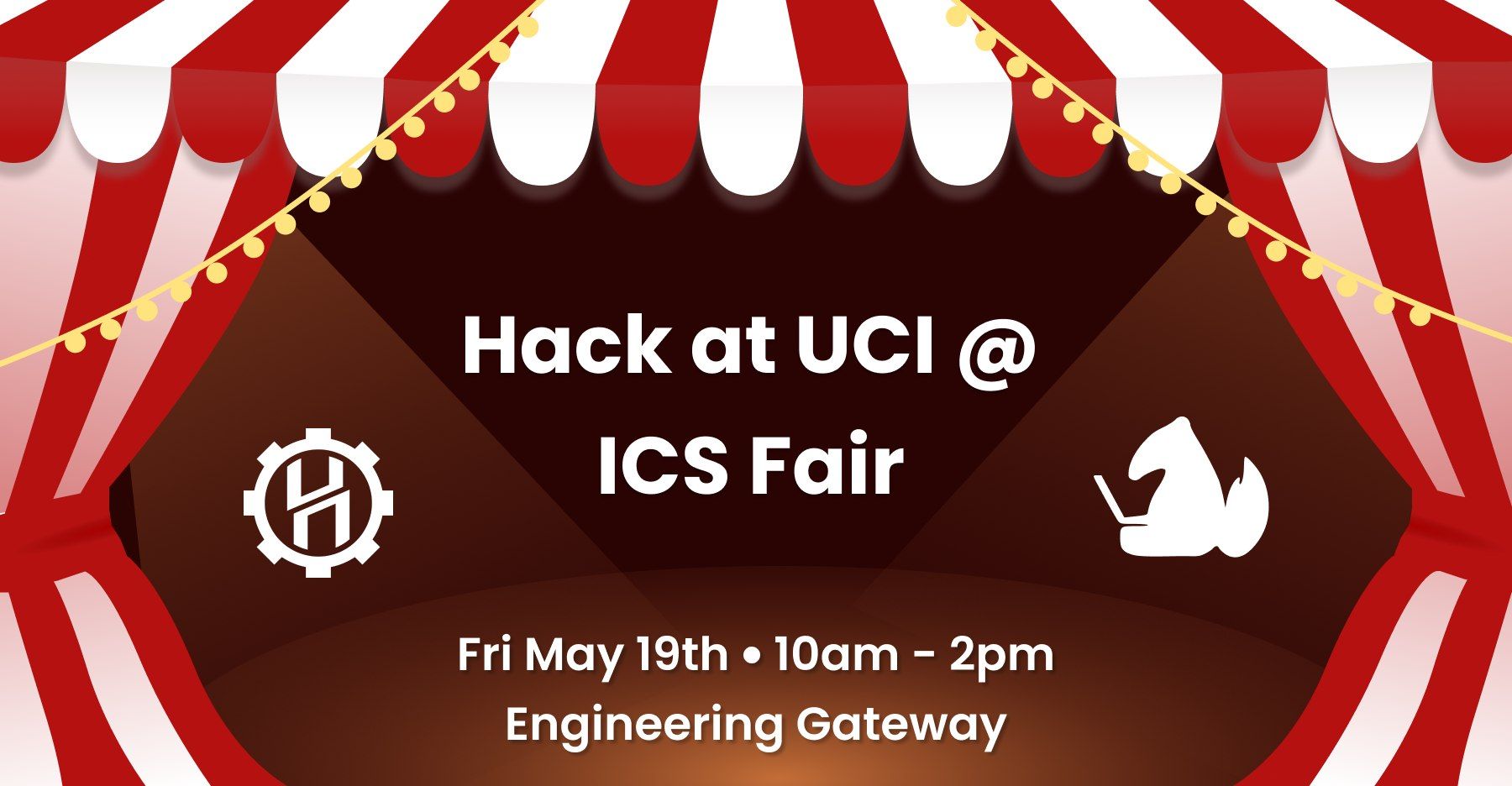 an open red and white carnival tent with details about ICS fair inside