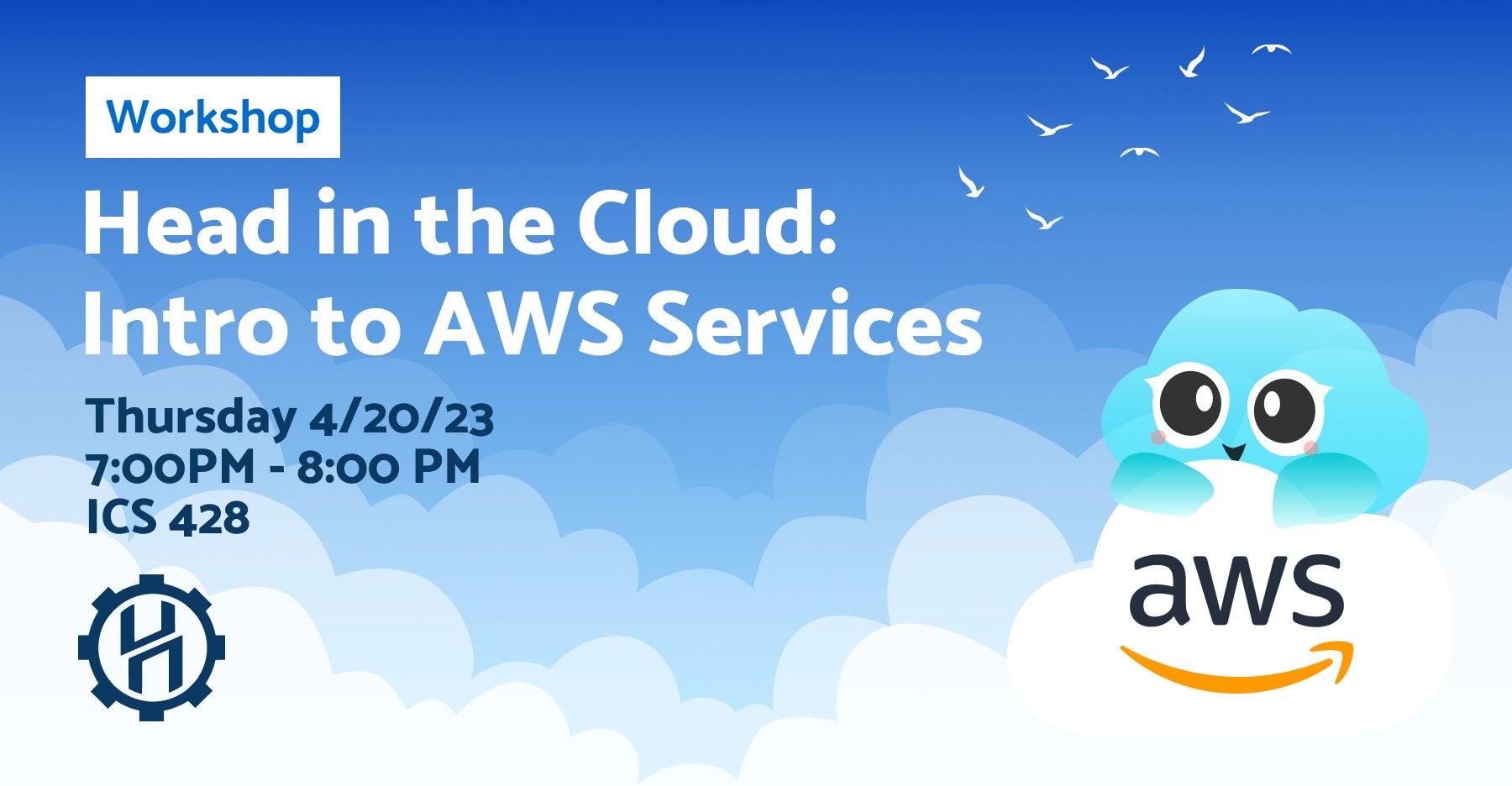 a cloud shaped character holding a cloud with the aws logo