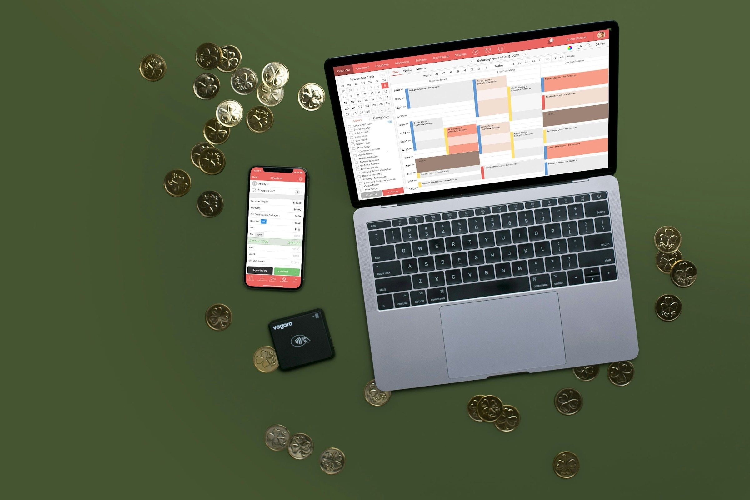 Laptop, phone, and coins on a green surface