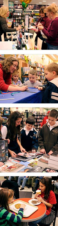 Students, children, teachers and Barnes and Noble employees in store