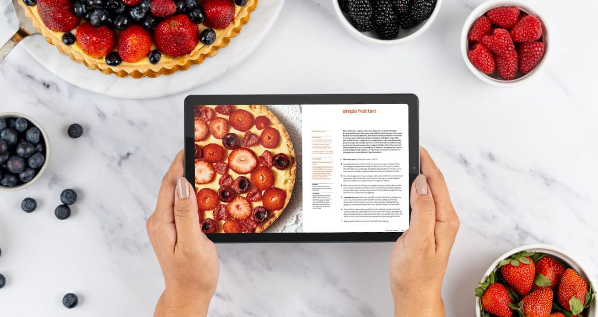 Lenovo 9" Tablet displaying berry tart recipe