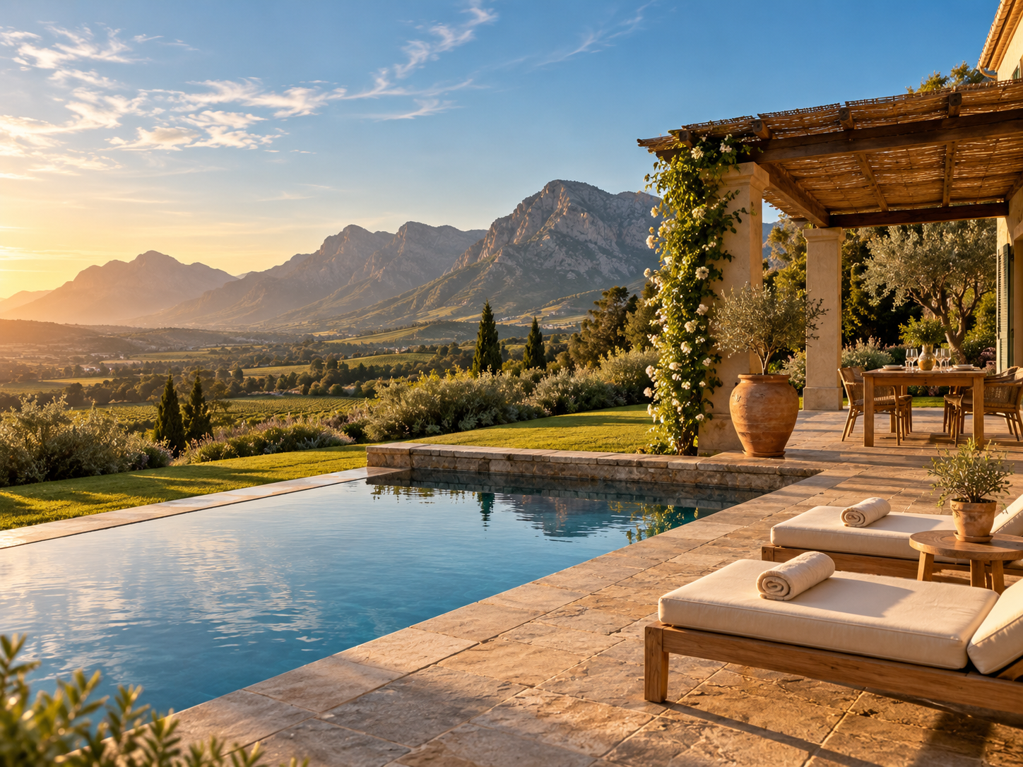A private villa terrace in the late afternoon, with a stone pool, two loungers and mountains beyond