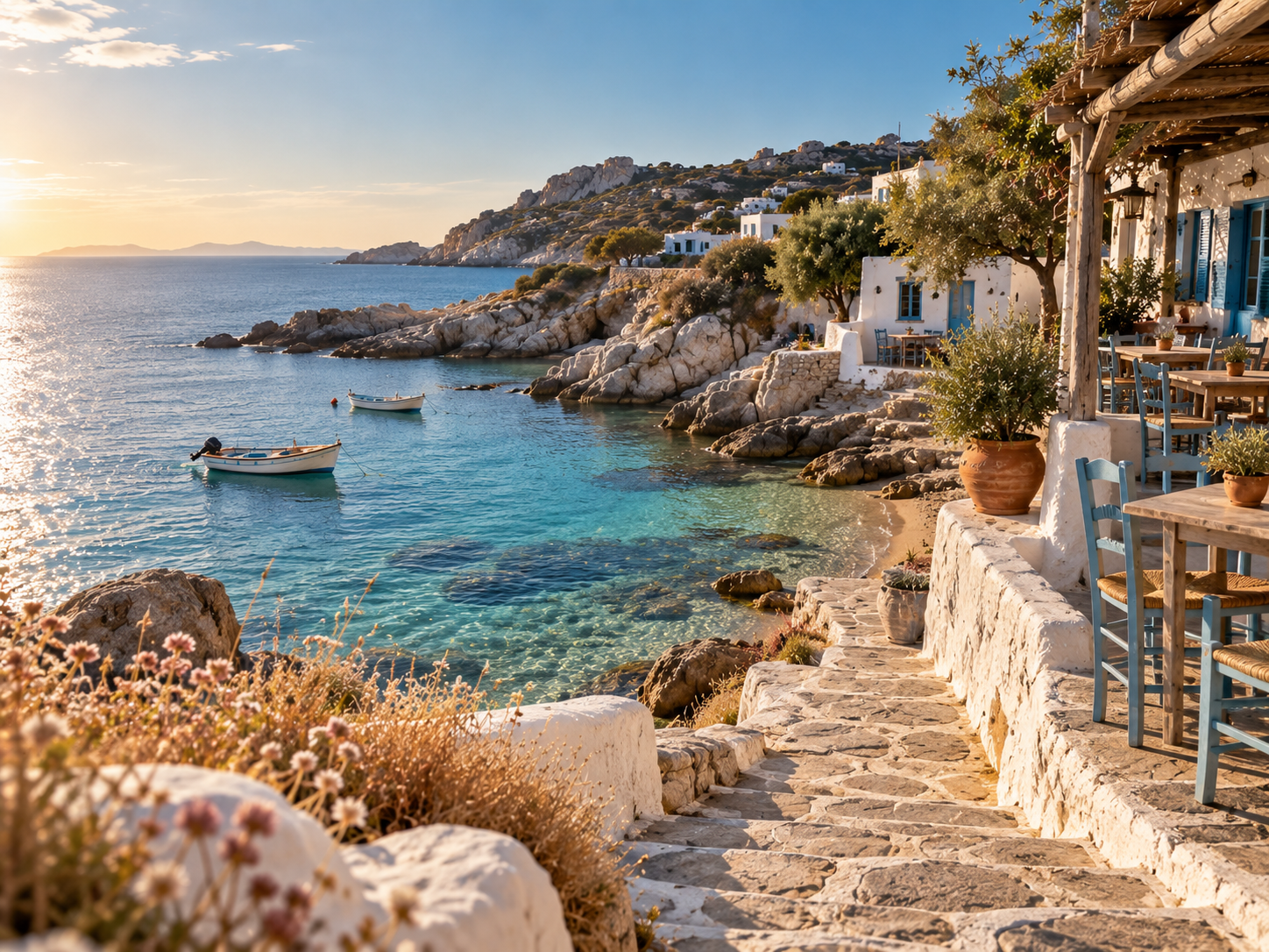 A quiet Mykonos cove with a whitewashed path leading down to shallow water, and weathered blue taverna chairs in low sun