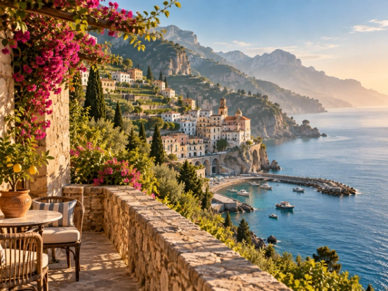 Pastel houses stacked on the Amalfi Coast cliffside above a small harbour, with terraced lemon groves in soft morning light