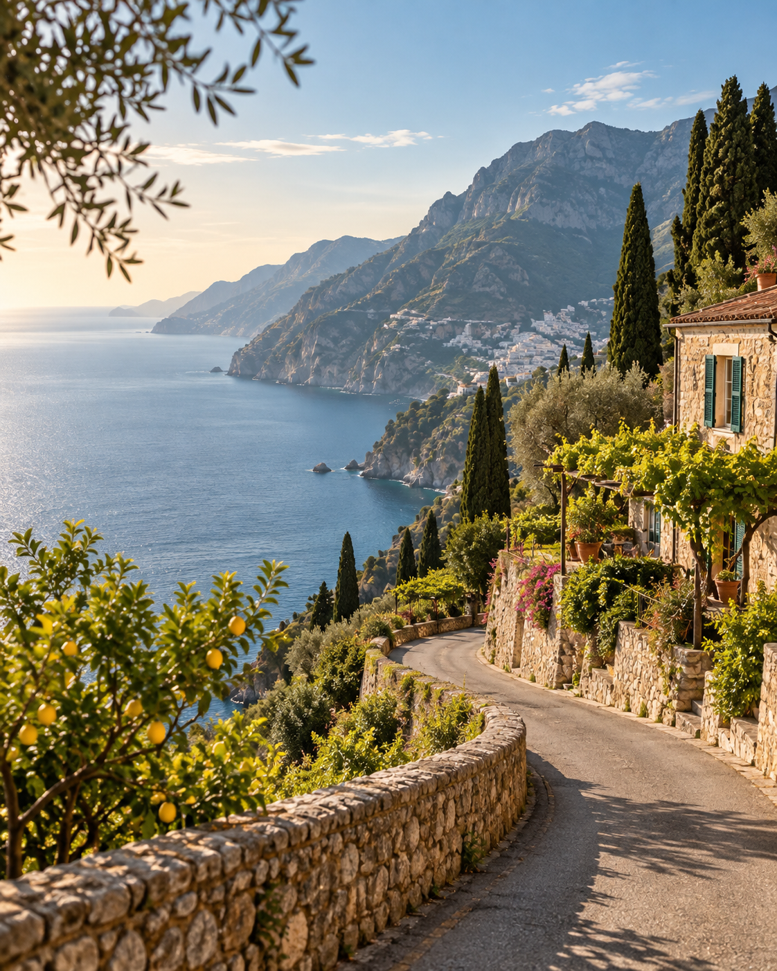 A winding coastal road through terraced lemon groves and cypress trees, high above a deep blue bay