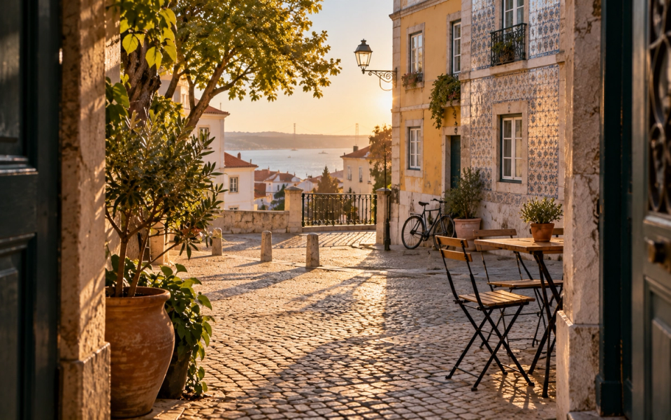 A quiet Lisbon street with calçada cobbles, tiled façades and an empty café table in low evening light