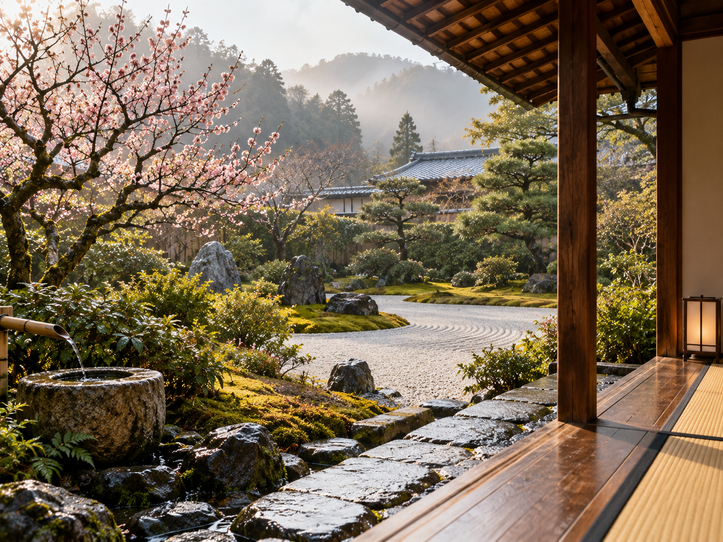 A traditional Kyoto garden with moss, raked gravel and a flowering plum tree beside a wooden veranda